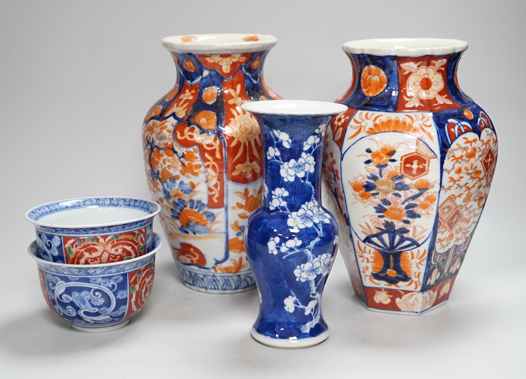 A Chinese prunus vase, 20cm, two Imari vases and a pair of Chinese bowls